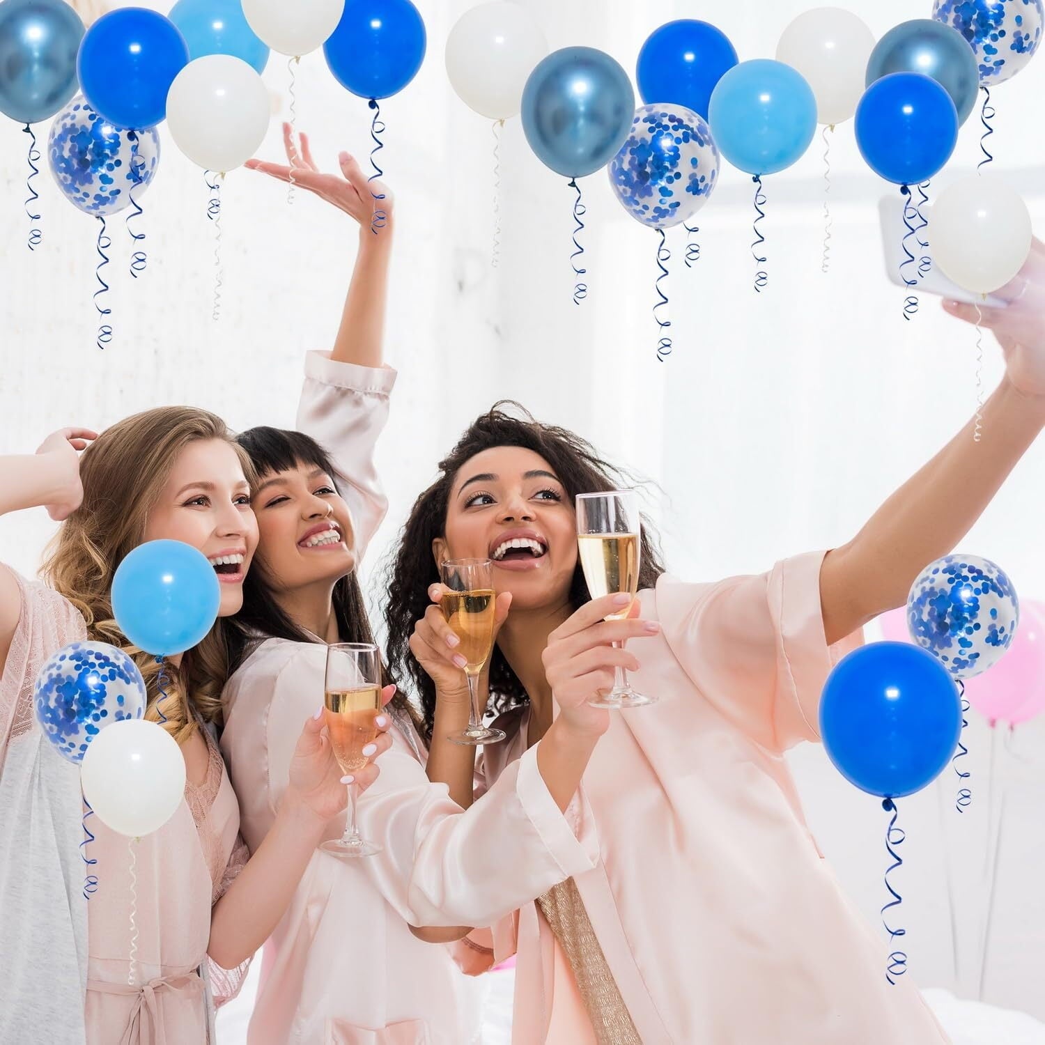 FF. Blue Metallic Balloons Blue Confetti Balloons and White Balloons,50 pcs Blue Balloons Party Balloons for Birthday Baby Shower with Extra Confetti and Balloon Ribbons
