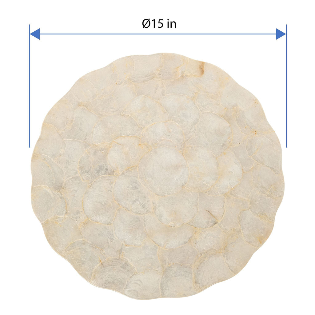KOUBOO Round Capiz Seashell Leaf Charger Plates, Ivory-Gold-Plearlescent Rustic Water Hyacinth Decorative Charger Plater, Wedding, Party (Set of 2) 15 In