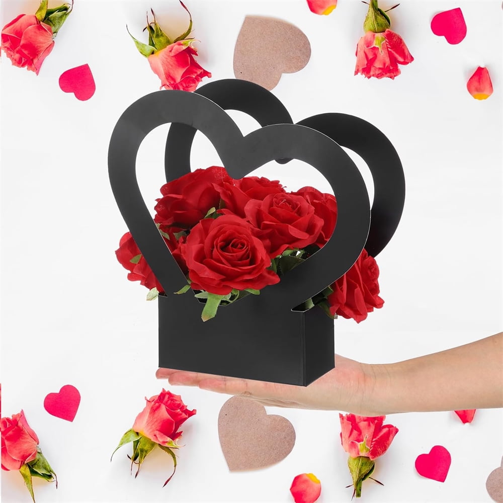 NOGIS Heart Shaped Boxes for Flowers, 12 Pack Empty Arrangement Bouquet Gift Bags with Handle for Party Wedding Graduation, Pink and Black
