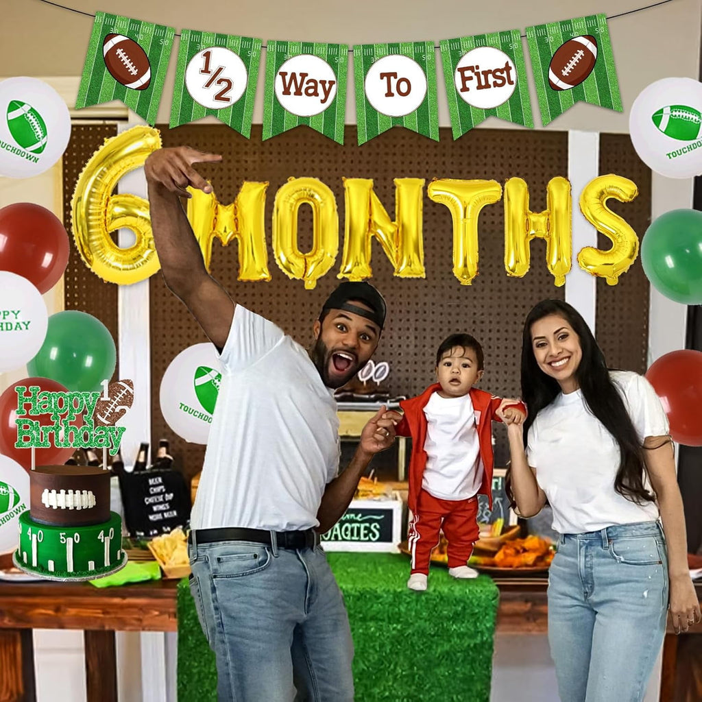 Football Half Birthday Decorations - Football 6 month Birthday Party, 1/2 Birthday Football Decorations Banner, Green Coffee Balloons Happy Birthday Cake Topper 6 Month Foil Balloon for Boy Birthday