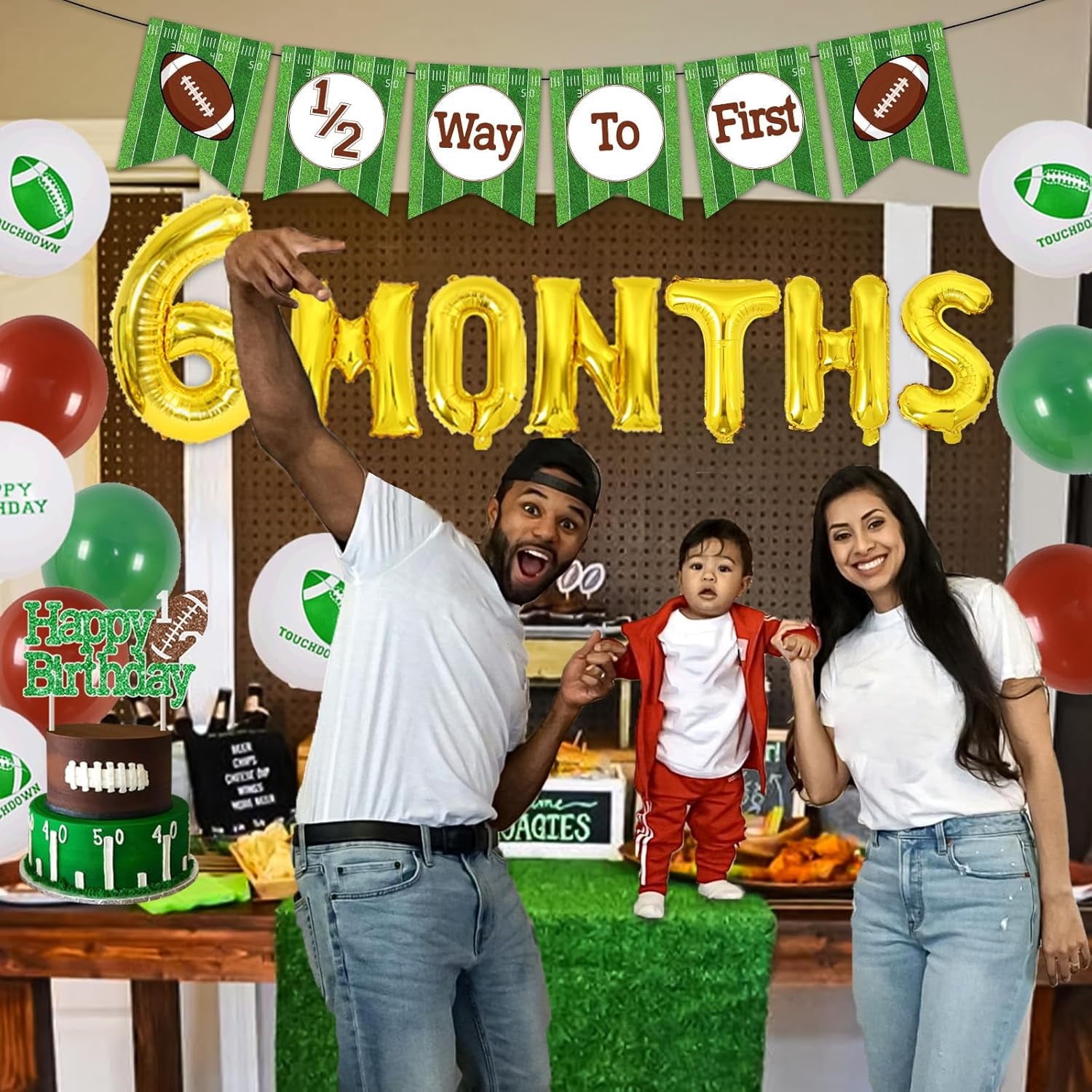 Football Half Birthday Decorations - Football 6 month Birthday Party, 1/2 Birthday Football Decorations Banner, Green Coffee Balloons Happy Birthday Cake Topper 6 Month Foil Balloon for Boy Birthday