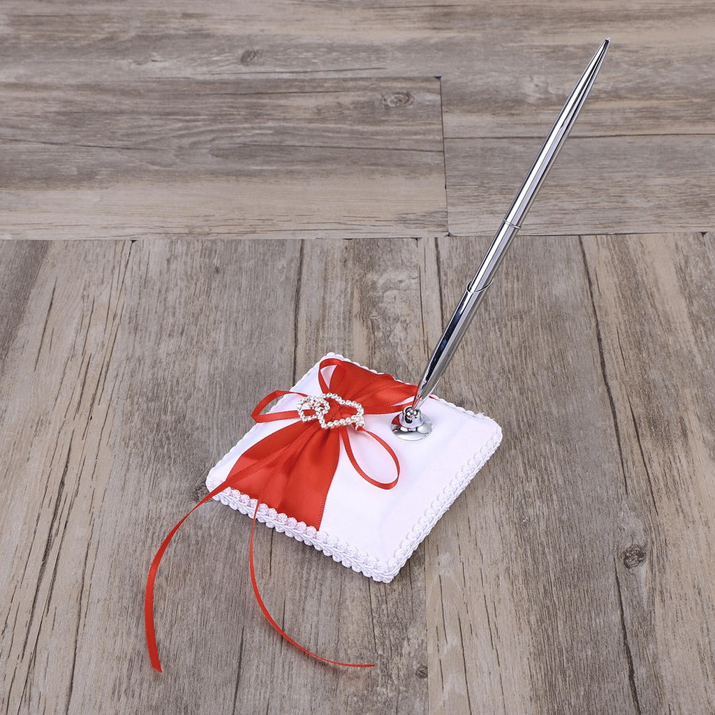 WHAMVOX Weddings Decor Guest Attendance Book with Pen and Pen Stand Sets Satin Bows Signature Book for Party Decorations (Red)