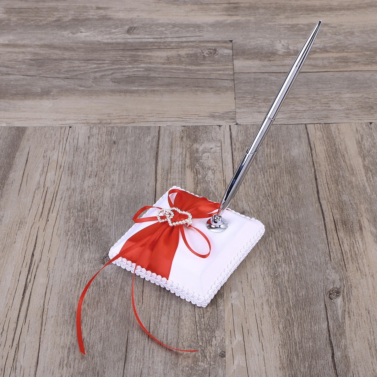 WHAMVOX Weddings Decor Guest Attendance Book with Pen and Pen Stand Sets Satin Bows Signature Book for Party Decorations (Red)