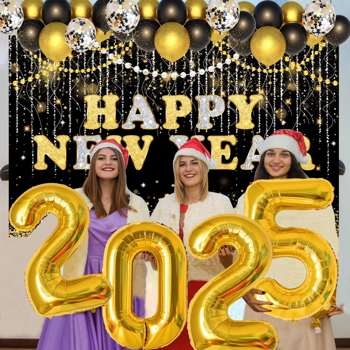 New Years Eve Party Supplies Decorations 2025 Set Large Happy New Year Banner Backdrop Gold Balloons 2025 41Pcs