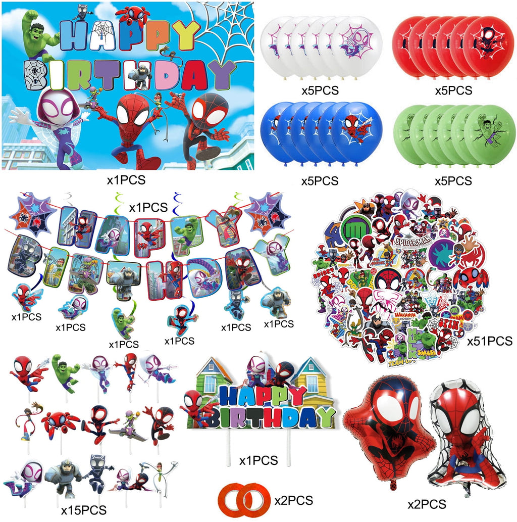 Party Supplies For Spidey & His Amazing Friends 97-Piece Party Kit | Superhero Birthday Decorations with Backdrop, Banner, Foil Balloons, Latex Ballons, Hanging Swirls,  Cupcake Toppers & 51 Stickers