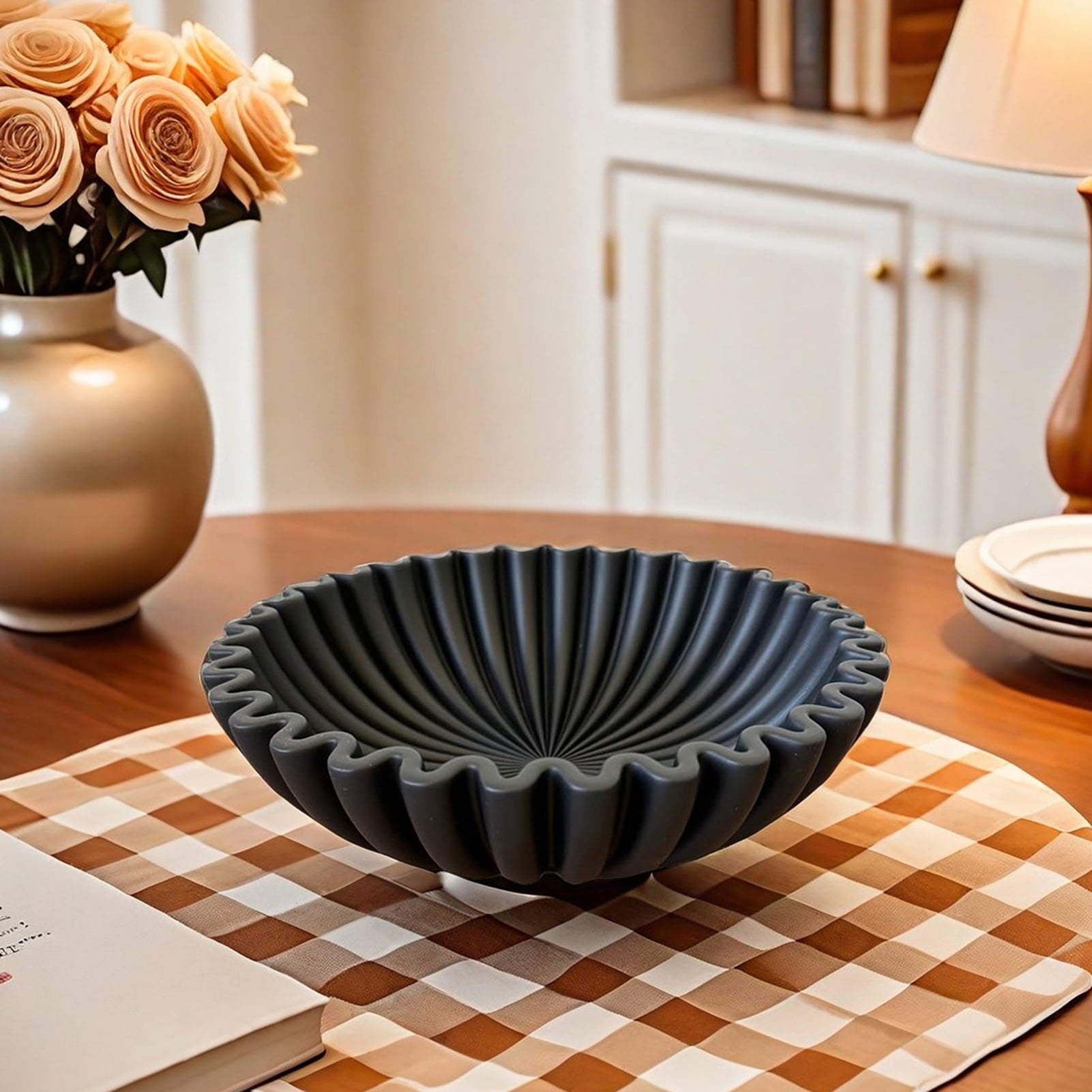 Taosunzt Black Ruffle Decorative Bowl Modern Living Room Home Office Resin Fluted Bowl Coffee Table Bookshelf Centerpiece Desktop Decoration White 2