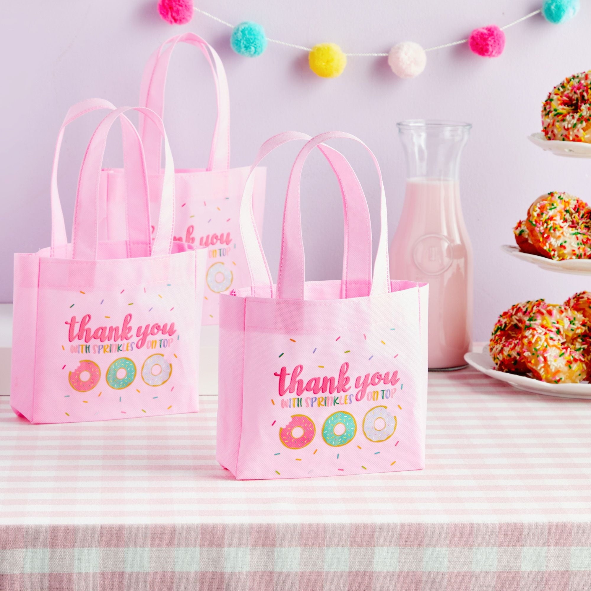 24 Pack Donut Goodie Bags - Pink Donut Theme Party Favor Totes for Girl's Birthday, Baby Shower, Special Event (6.5 x 7 x 2 In)