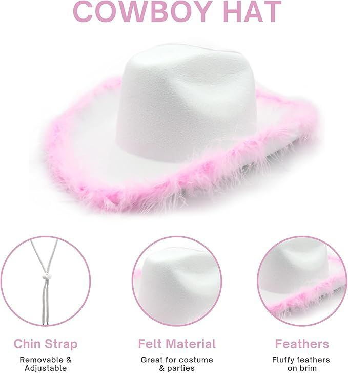4E's Novelty Cowgirl Hat with Pink Feather Boa & Heart Shaped Sunglasses, Cowboy Hat Costume for Women & Girls