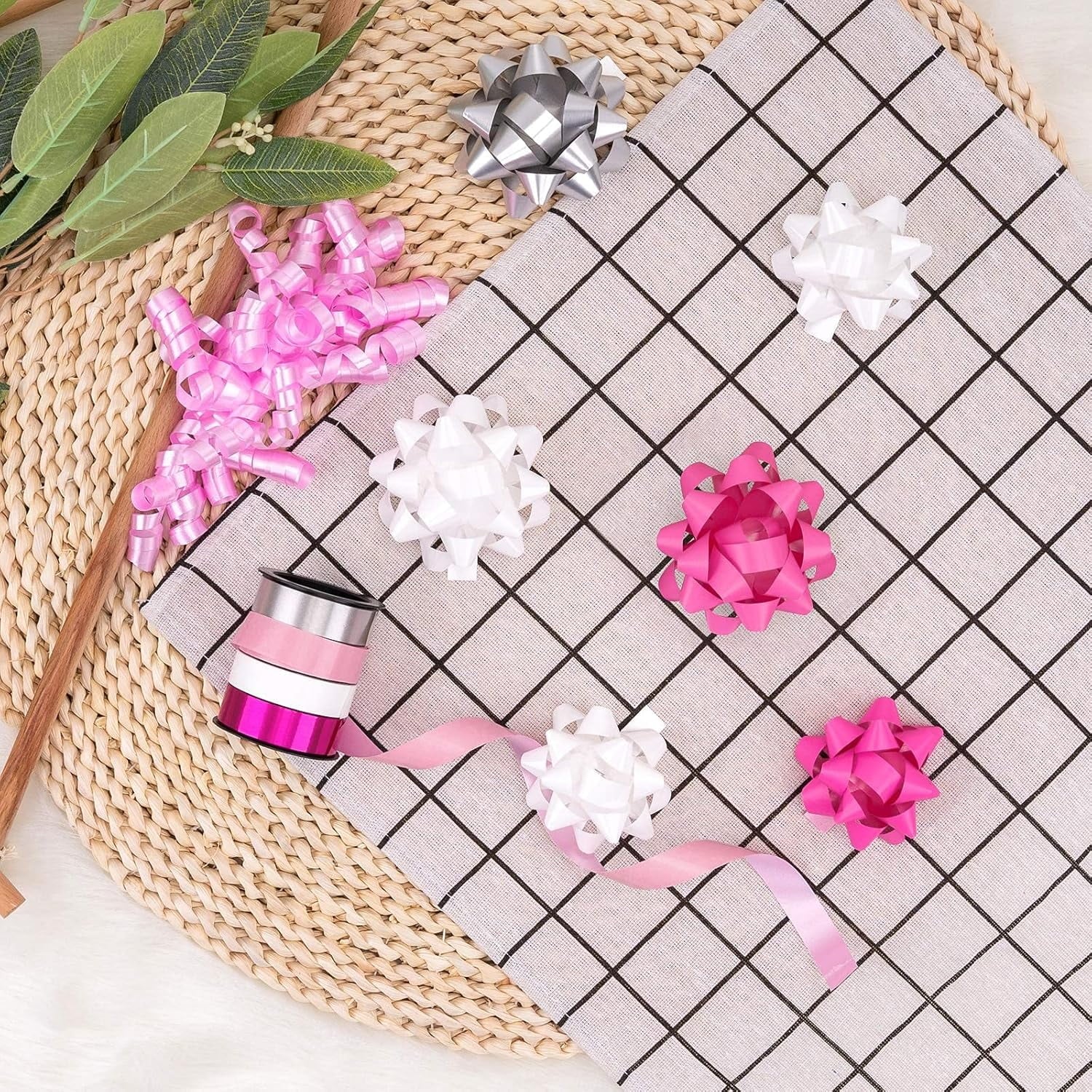 19 Pcs Gift Bows Assortment - 16 Multi Colored Assorted Size Gift Bows(Pink, White, Silver), 2 Crimped Curling Ribbons, 1 Pink Curly Bows, Perfect for Christmas, Holiday, Party
