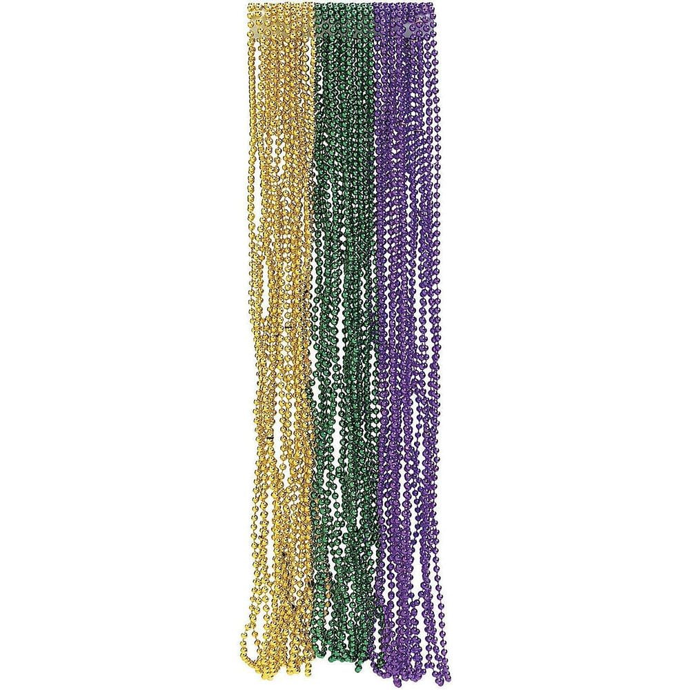 4E's Novelty 144 Mardi Gras Beads Necklaces, Purple Green Gold, 33 Inches Long