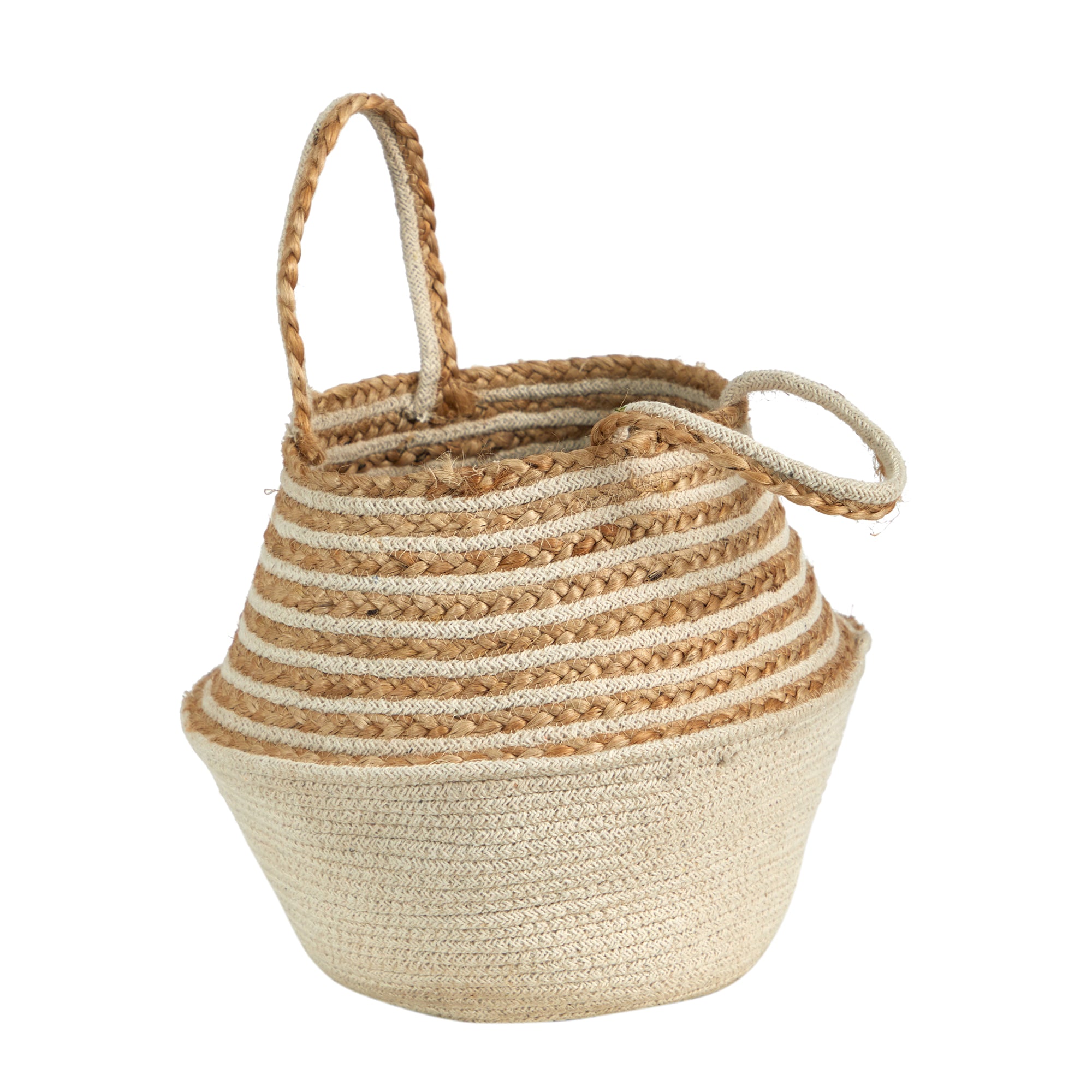 Nearly Natural 14" Boho Chic Belly Basket Natural Jute and Cotton Basket Planter, Cream Cotton Bottom Natural Top with Handles