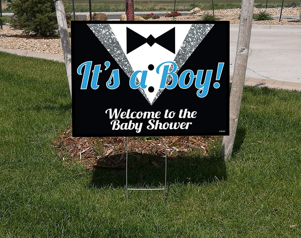 18x24 "It's A Boy" double sided Lawn Sign Baby Shower Kit with 6x24 H-stakes. Brightly colored Blue, Black, and Digitally Printed Silver Glitter on white lawn sign. Includes Directional Arrow sign