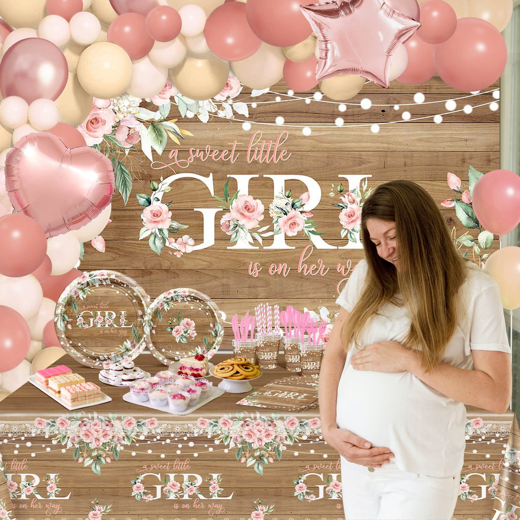 Mocsicka 295 PCS Rustic Baby Girl Shower Decorations A Sweet Little Girl Is on Her Way Banner Plates Napkins Cups Balloons Serve 24