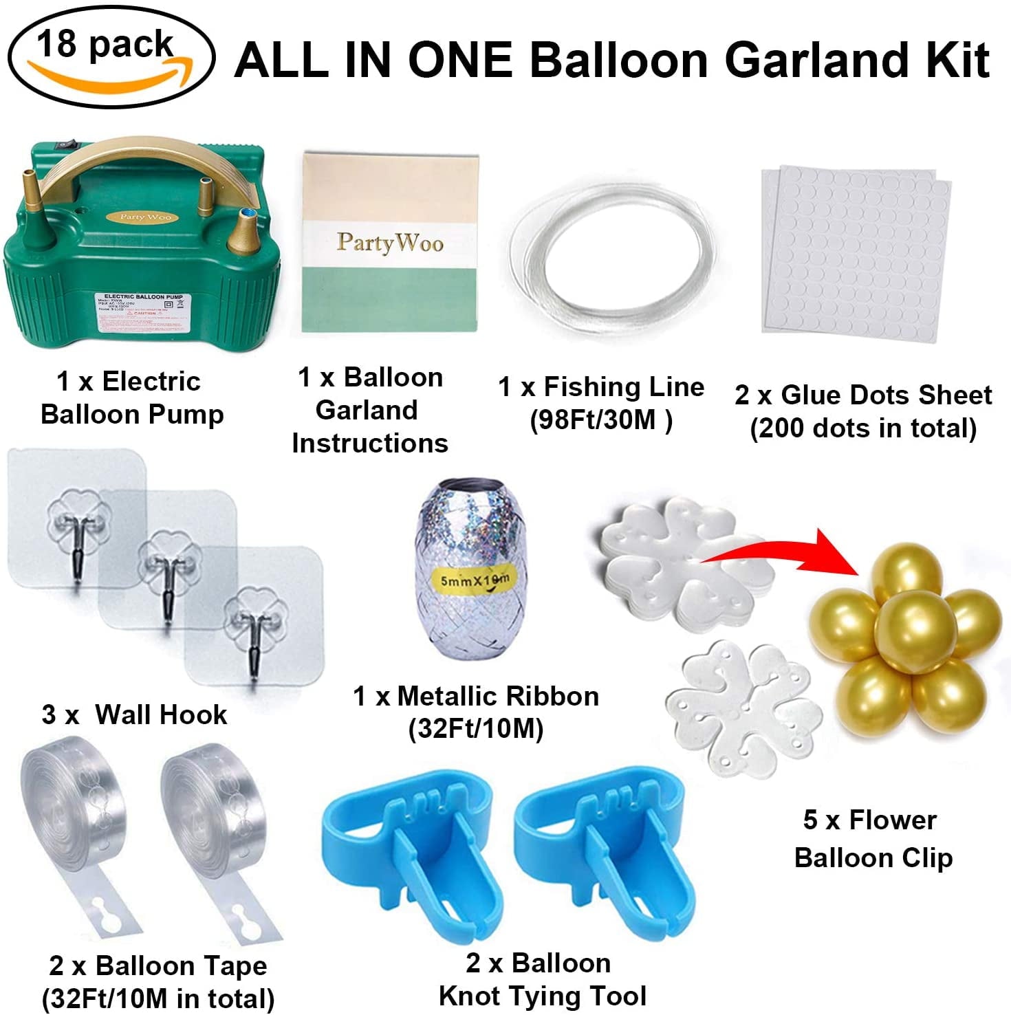 PartyWoo Balloon Pump, 110V 600W Electric Balloon Pump, Electric Balloon Inflator, Balloon Pump Electric, Portable Balloon Inflator, Dual Nozzle Balloon Air Pump, Air Pump for Balloon Garland