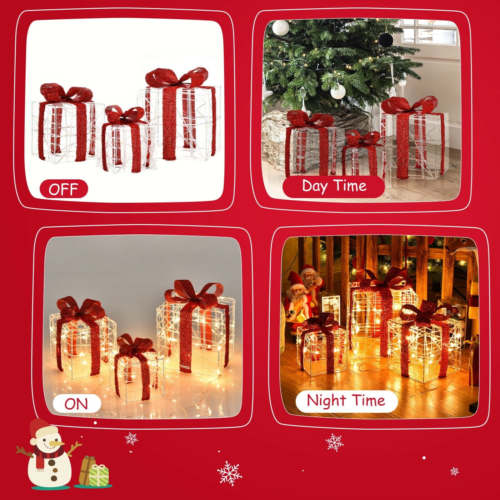 Topbuy 3 PCS Christmas Gift Boxes Indoor Outdoor W/ 60 LED Lights, Waterproof Plug