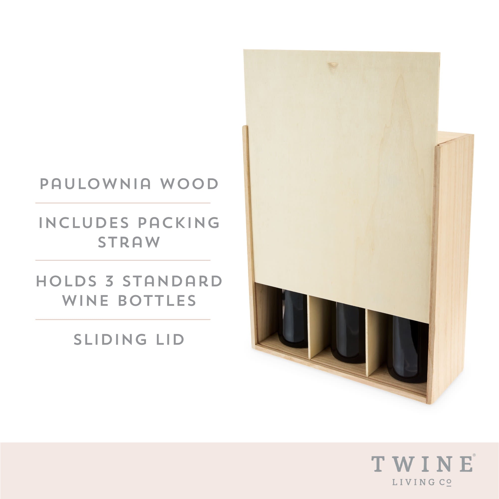 Twine Decorative Wine Gift Box, 3-Bottle Wine Box, Paulownia Wood, Gifts