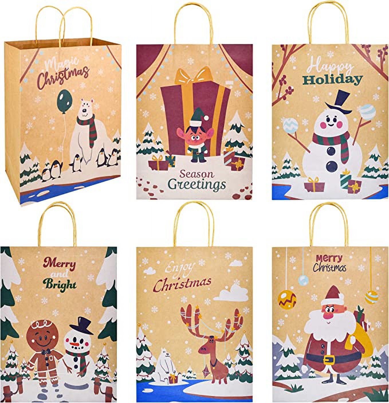 JOYIN 24 Pcs Christmas Kraft Paper Gift Bags, 10X 13 X5'' Large Gift Bags with 8 Designs for Christmas Holiday Present Wrapping Décor, Xmas Goodie Bags Party Supplies