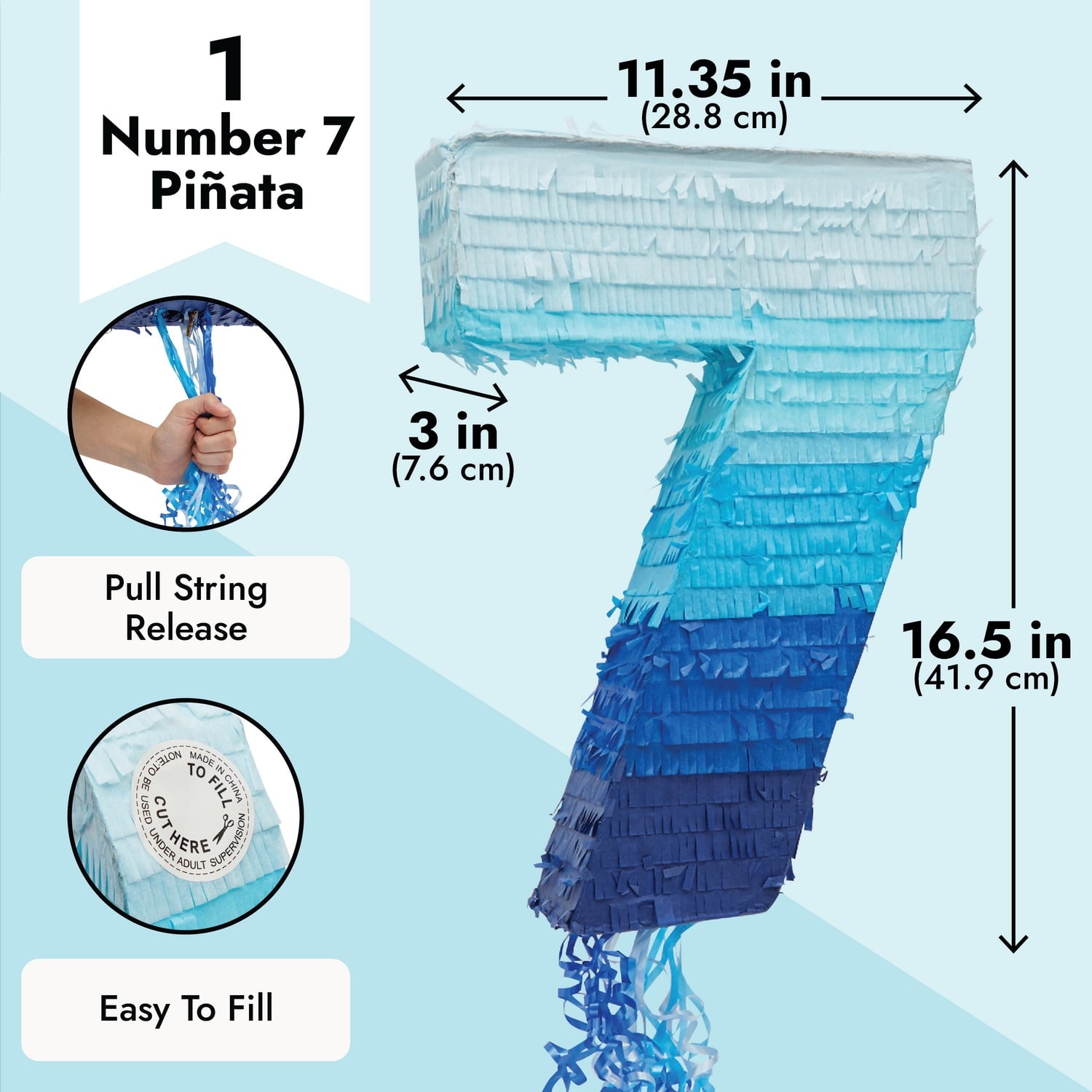 BLUE PANDA Ombre Blue Number 7 Pull String Pinata, Party Game for Kids Ages 3-14, Fillable Hanging Decoration for Birthday Decorations, Holds Candy, Toys & Confetti (16.5 x 11.35 In)