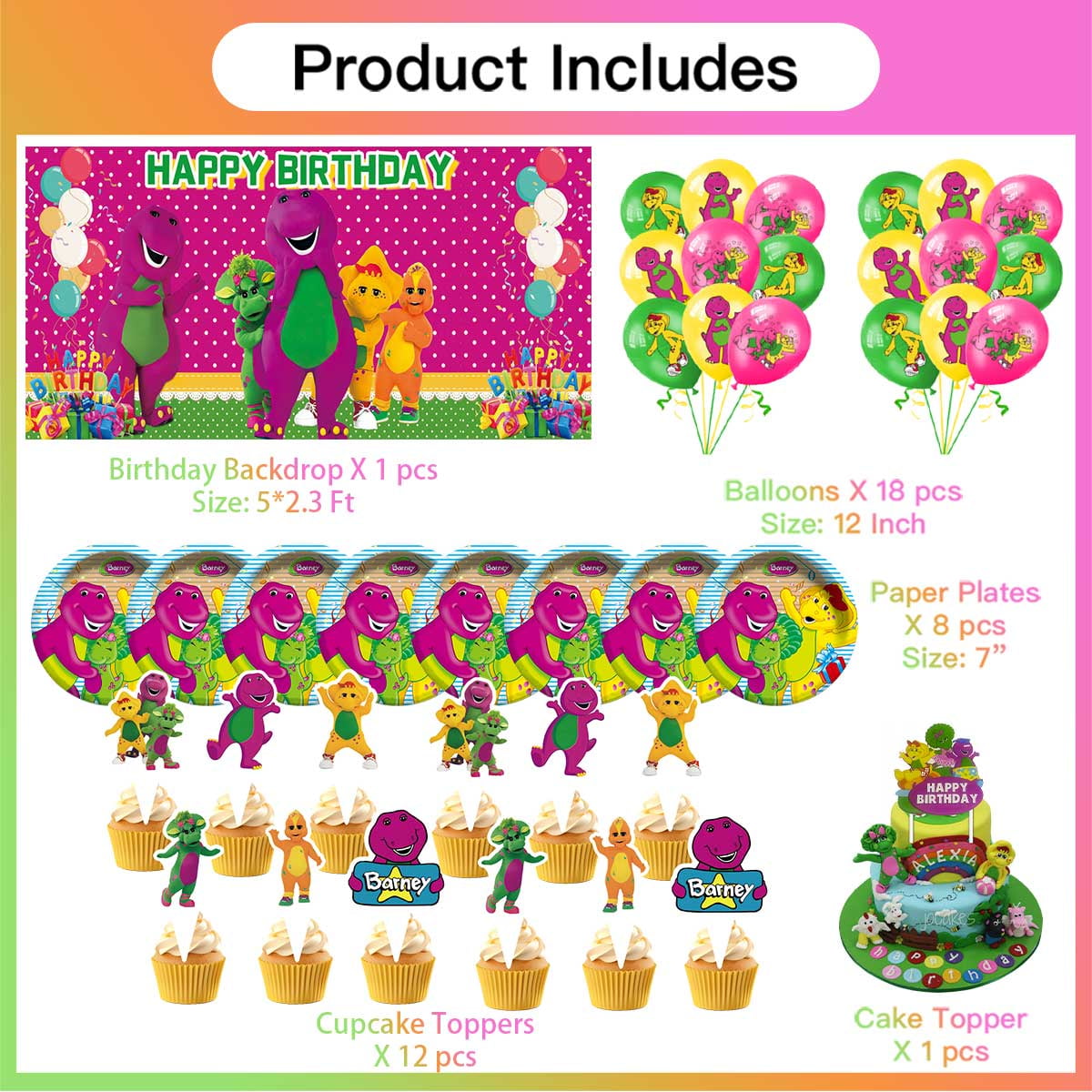 Barney and Friends Birthday Party Supplies Balloons Plates Decoration Cake Topper Decor Tableware Banner Backdrop