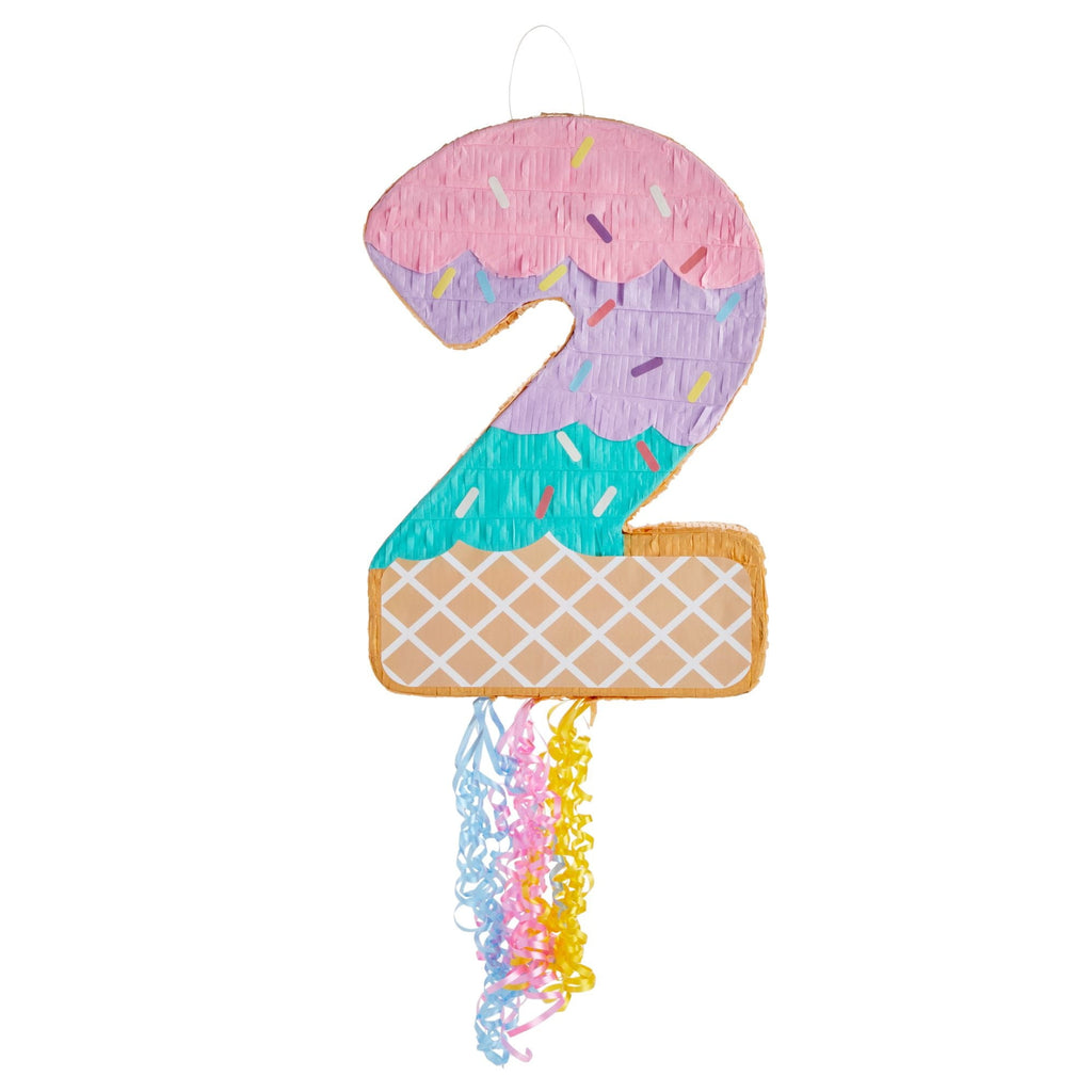 Pull String Number 2 Ice Cream Pinata for Two Sweet Birthday Decorations (16.5 x 11.5 x 3 In), For Ages 3+