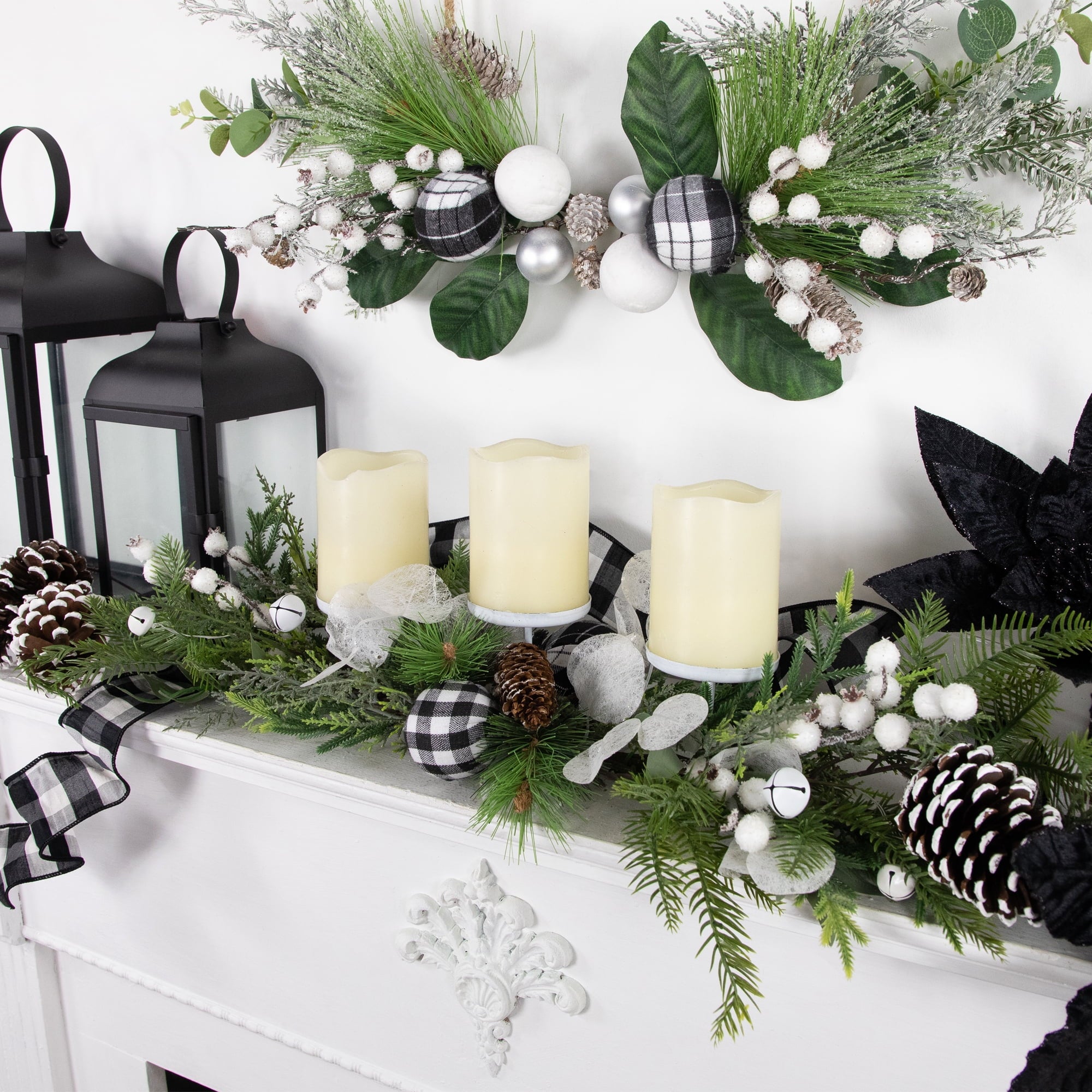 Northlight Mixed Foliage and Jingle Bell Christmas Pillar Candle Holder - 29"