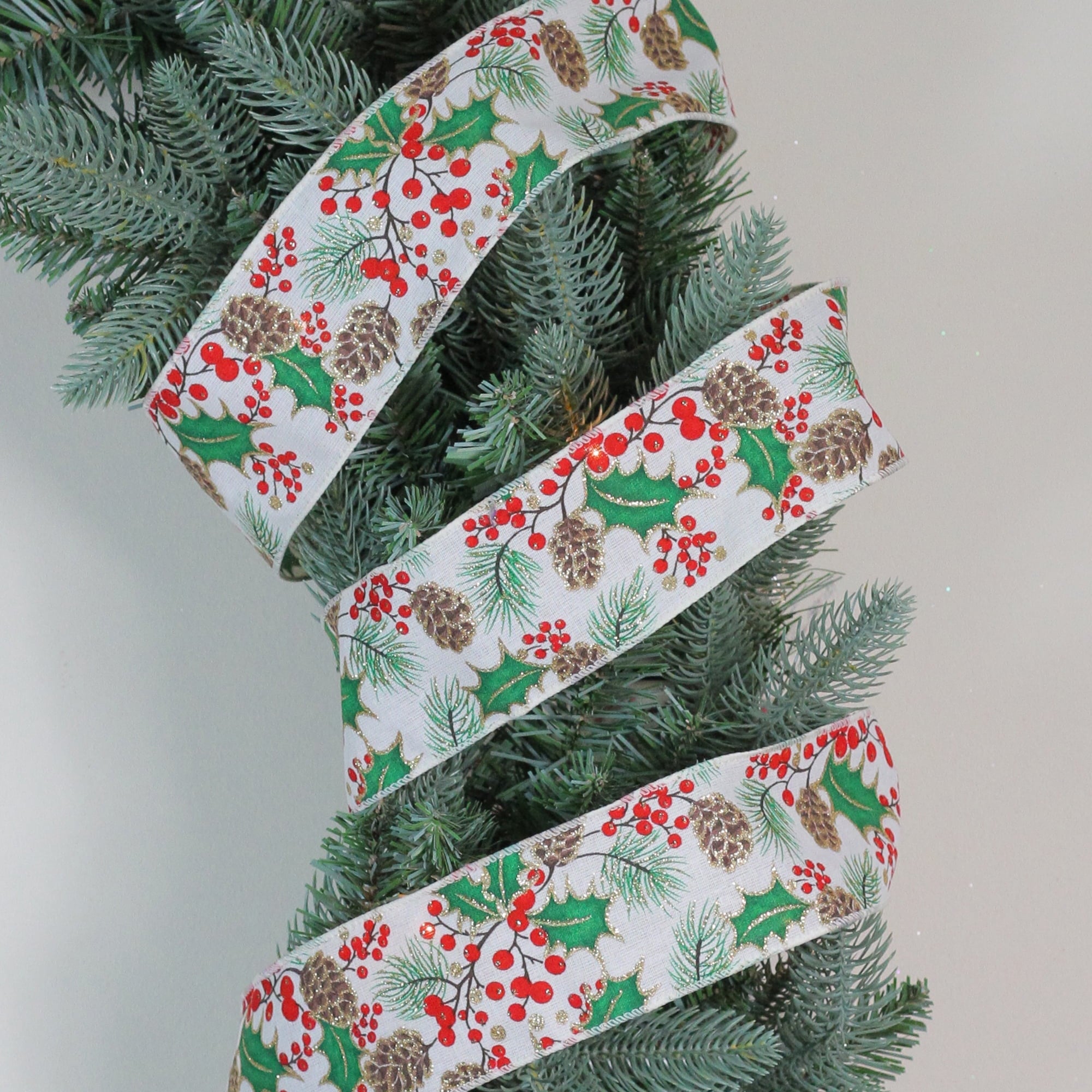 Northlight Glitter White and Green Holly Berries Christmas Wired Craft Ribbon 2.5" x 16 Yards
