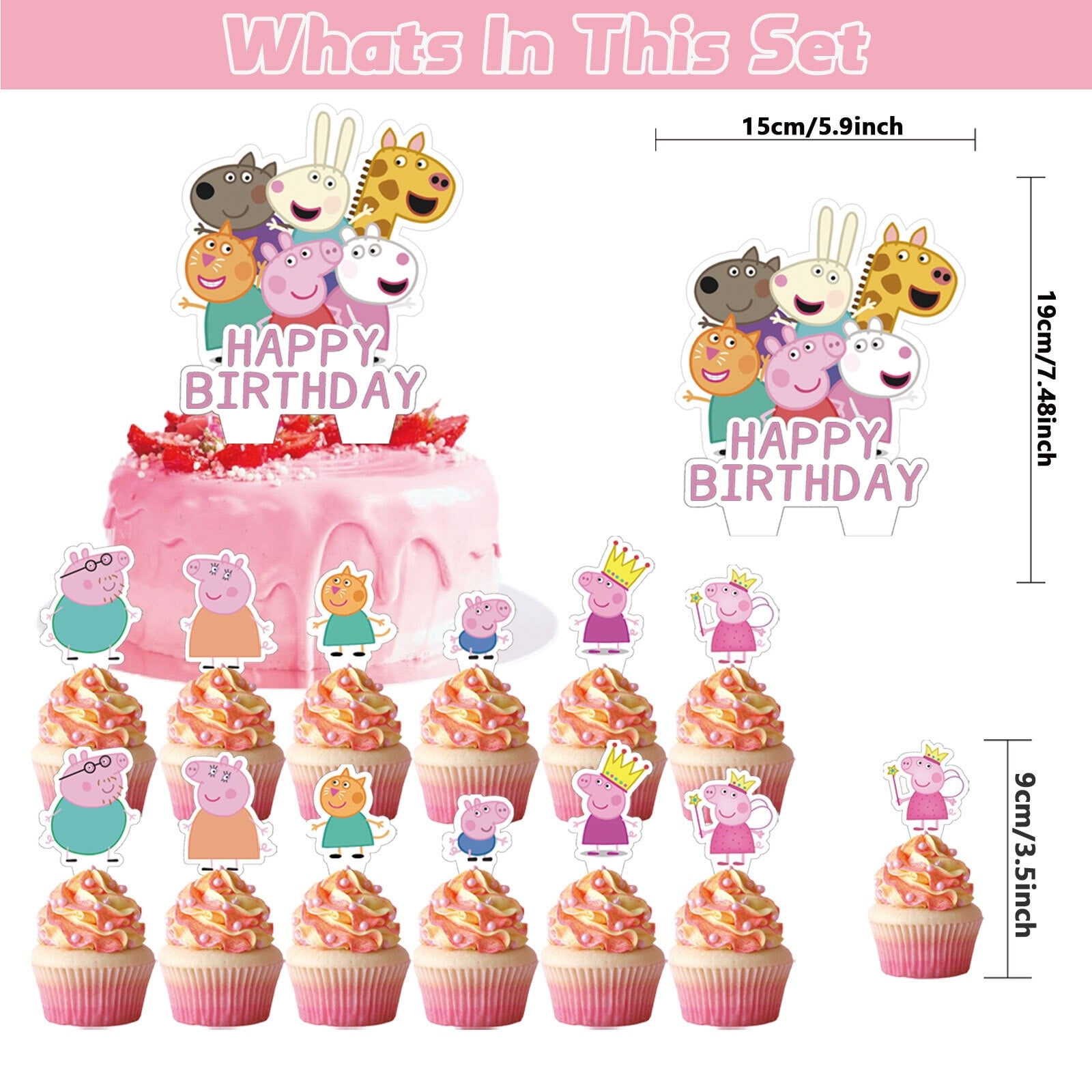 32-Pcs For Peppa Cartoon For Pig-Themed Party Decoration Set – Includes Backdrop, Cake Topper, 12 Cupcake Toppers, and 18 Balloons for Festive Celebrations