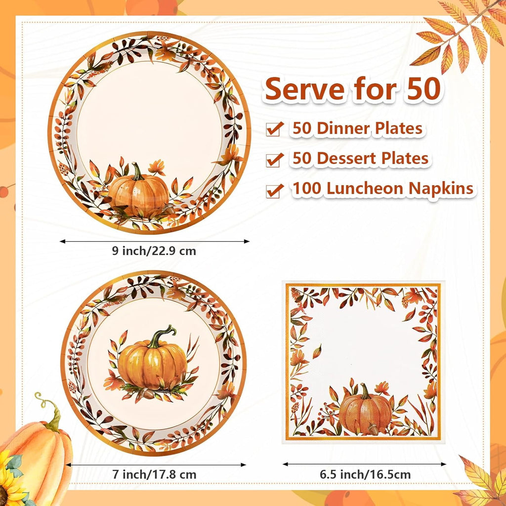 Caltero 200 PCS Fall Thanksgiving Paper Plates and Napkins, Pumpkin Wreath Disposable Dinnerware Set Serve 50 Party Supplies