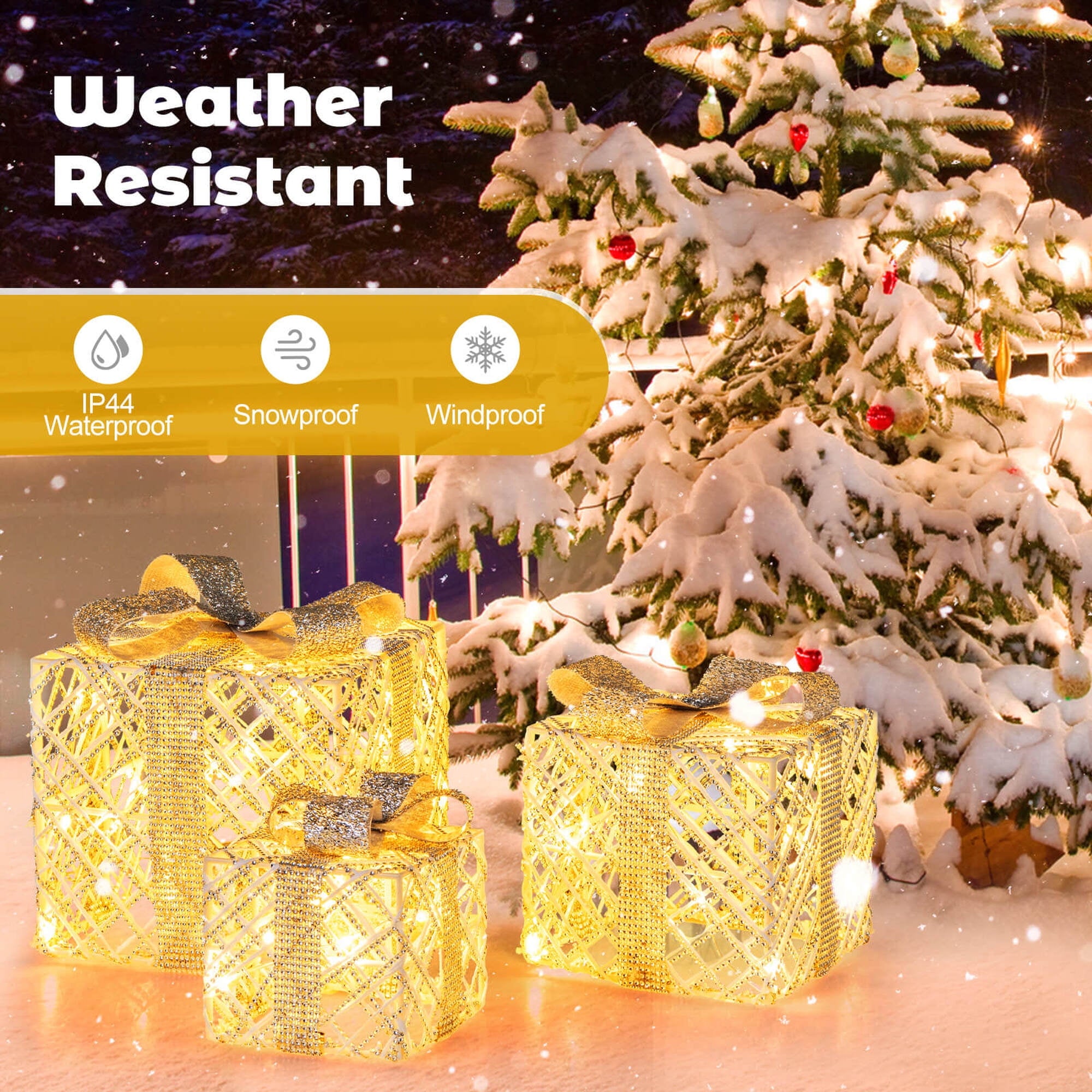 Costway 3 Pack Christmas Lighted Gift Box with 50 LED Lights Detachable Bows for Yard