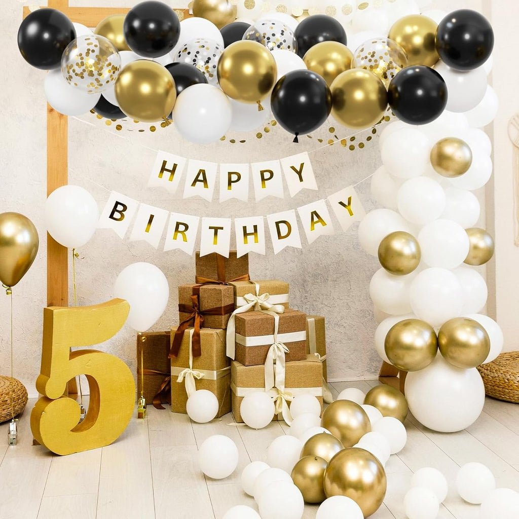 130pcs Black Gold And White Balloons With 12inch Metallic Gold And Black Confetti Balloons For Class Of Graduation, 30th 40th 50th Birthday Party Decoration (with 2 Ribbons)