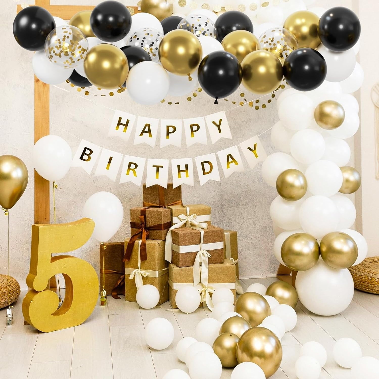 130pcs Black Gold And White Balloons With 12inch Metallic Gold And Black Confetti Balloons For Class Of Graduation, 30th 40th 50th Birthday Party Decoration (with 2 Ribbons)