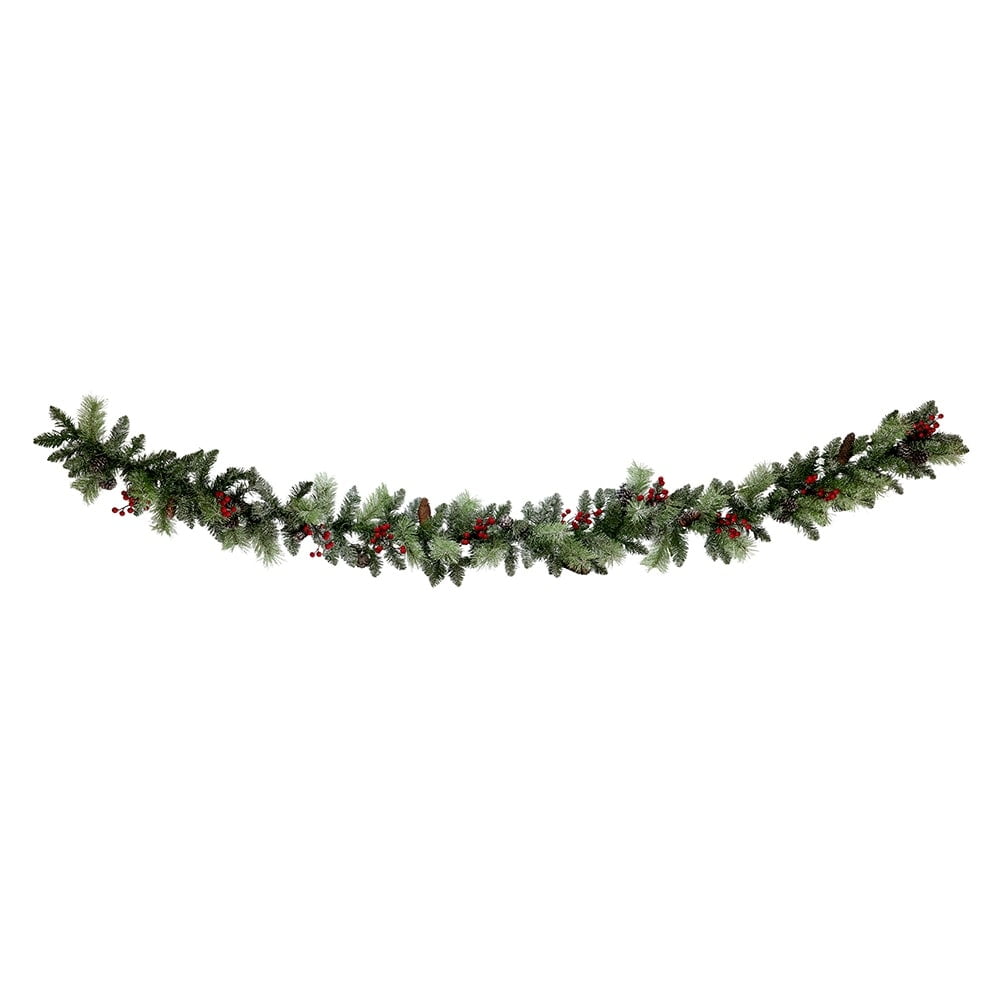 Abble 108" Indoor Outdoor Snow Flocked Artificial Christmas Garland with 100 Warm White LED Lights - Decorated with Berry Clusters, Pinecones, Frosted Branches for Wall Fireplace Door  Window, Green