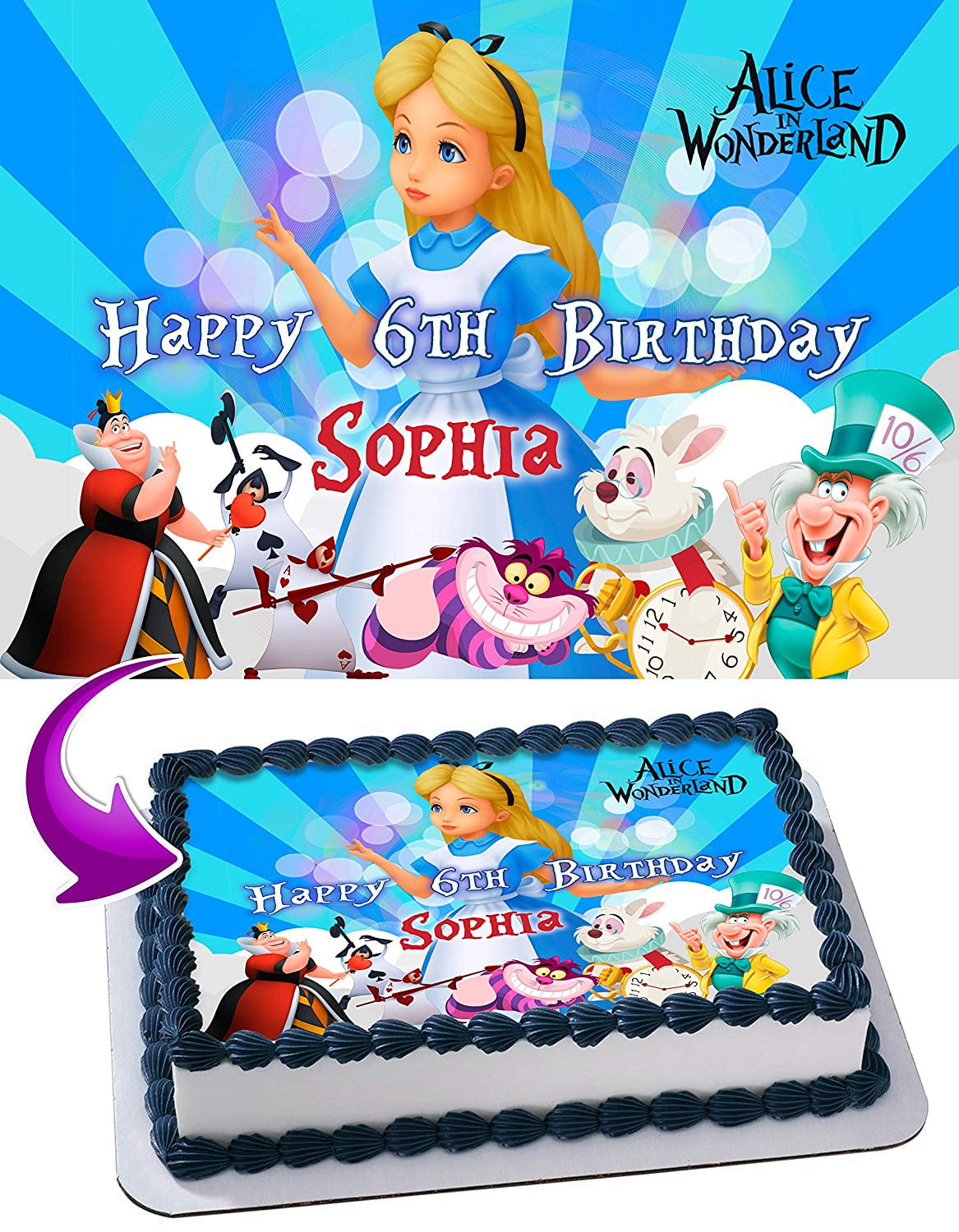 Alice in Wonderland - Edible Cake Topper - 11.7 x 17.5 Inches 1/2 Sheet rectangular