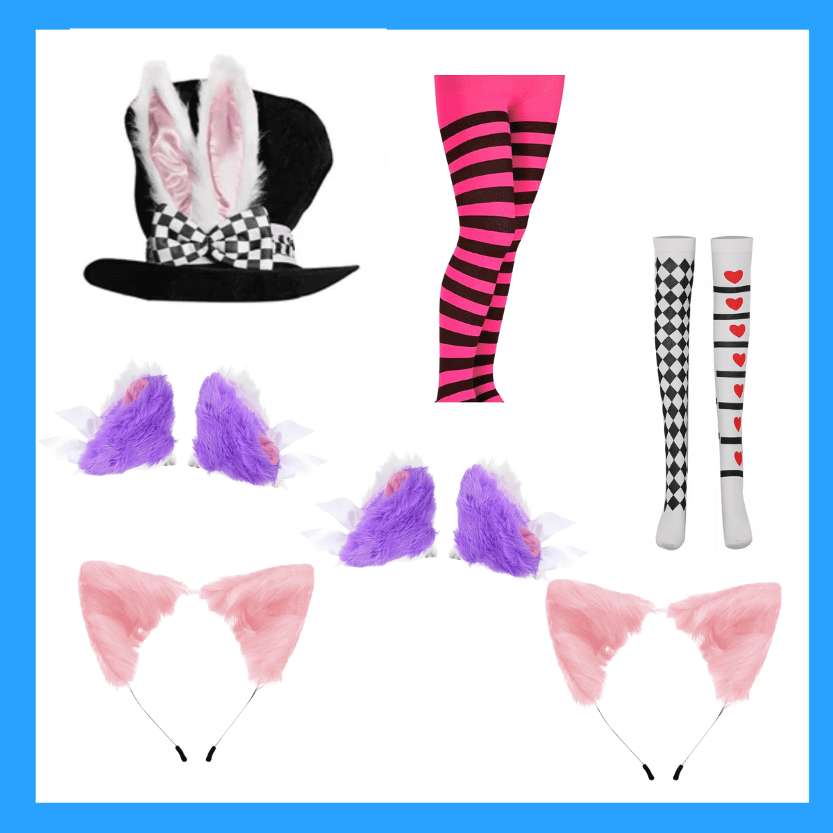 Alice in Wonderland Themed Bundle – Mr. Rabbit Hat, Cheshire Headbands, Socks, Ears Clips & More