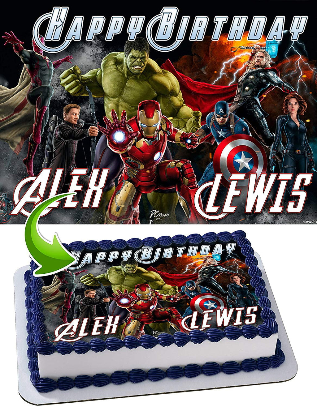 Anvengers Hulk, Iron Man, Thor, Captain America - Edible Cake Topper - 11.7 x 17.5 Inches 1/2 Sheet rectangular