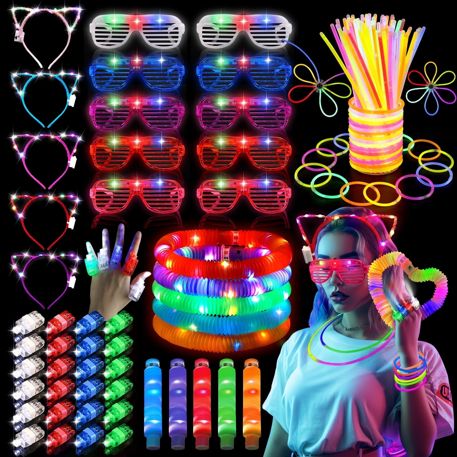 Ayieyill 206pcs Glow in the Dark Party Supplies for Kids Adults, Neon Light Up Halloween Party Favors with Glow Sticks
