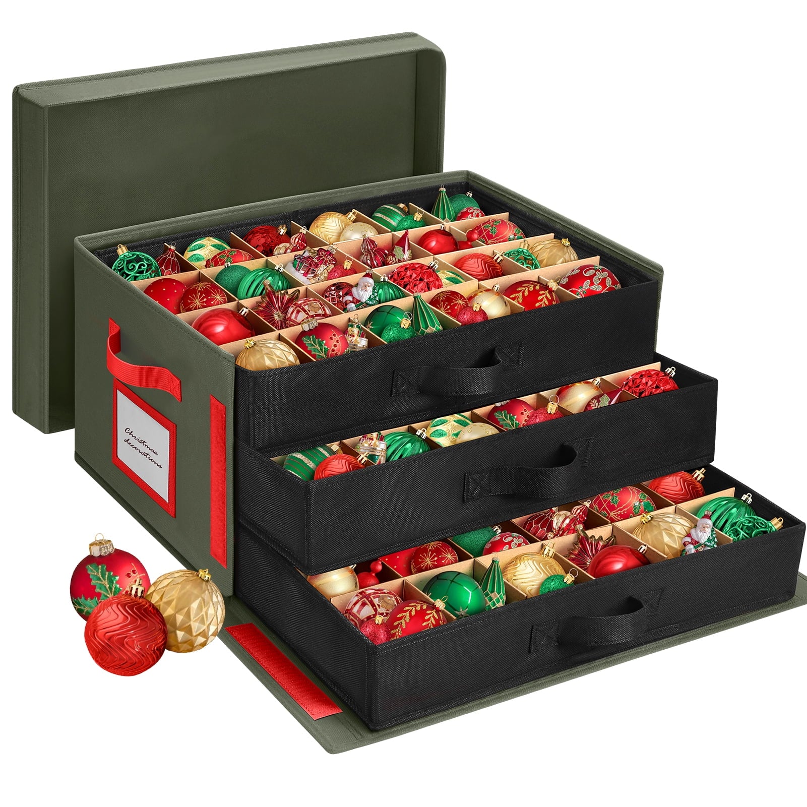 Ayieyill Premium Large Christmas Ornament Storage Box, Christmas Ornament Organizer, with Side Open, 3 Removable Trays - Keeps 72 Holiday Ornaments, Black