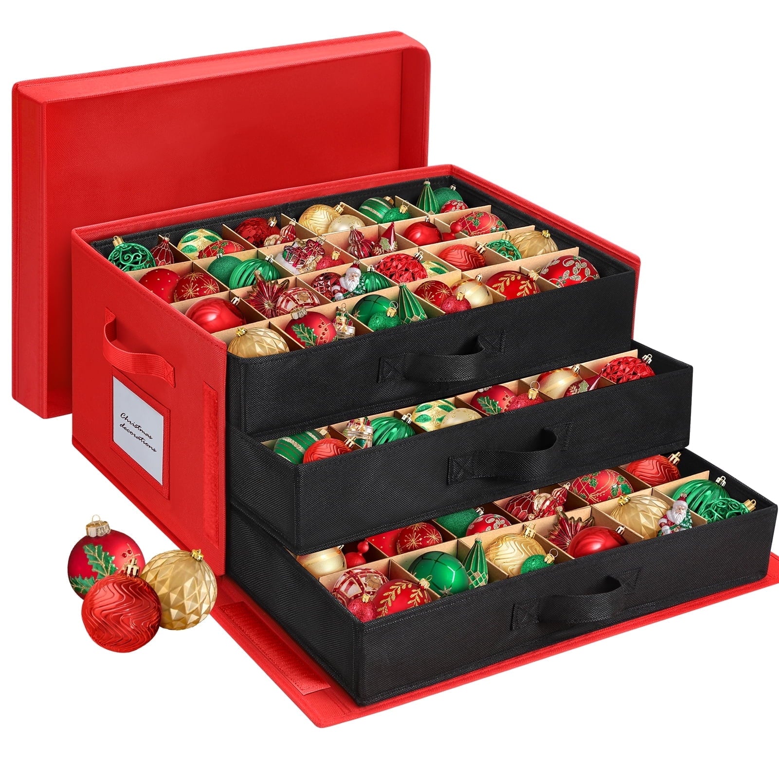 Ayieyill Premium Large Christmas Ornament Storage Box, Christmas Ornament Organizer, with Side Open, 3 Removable Trays - Keeps 72 Holiday Ornaments, Black