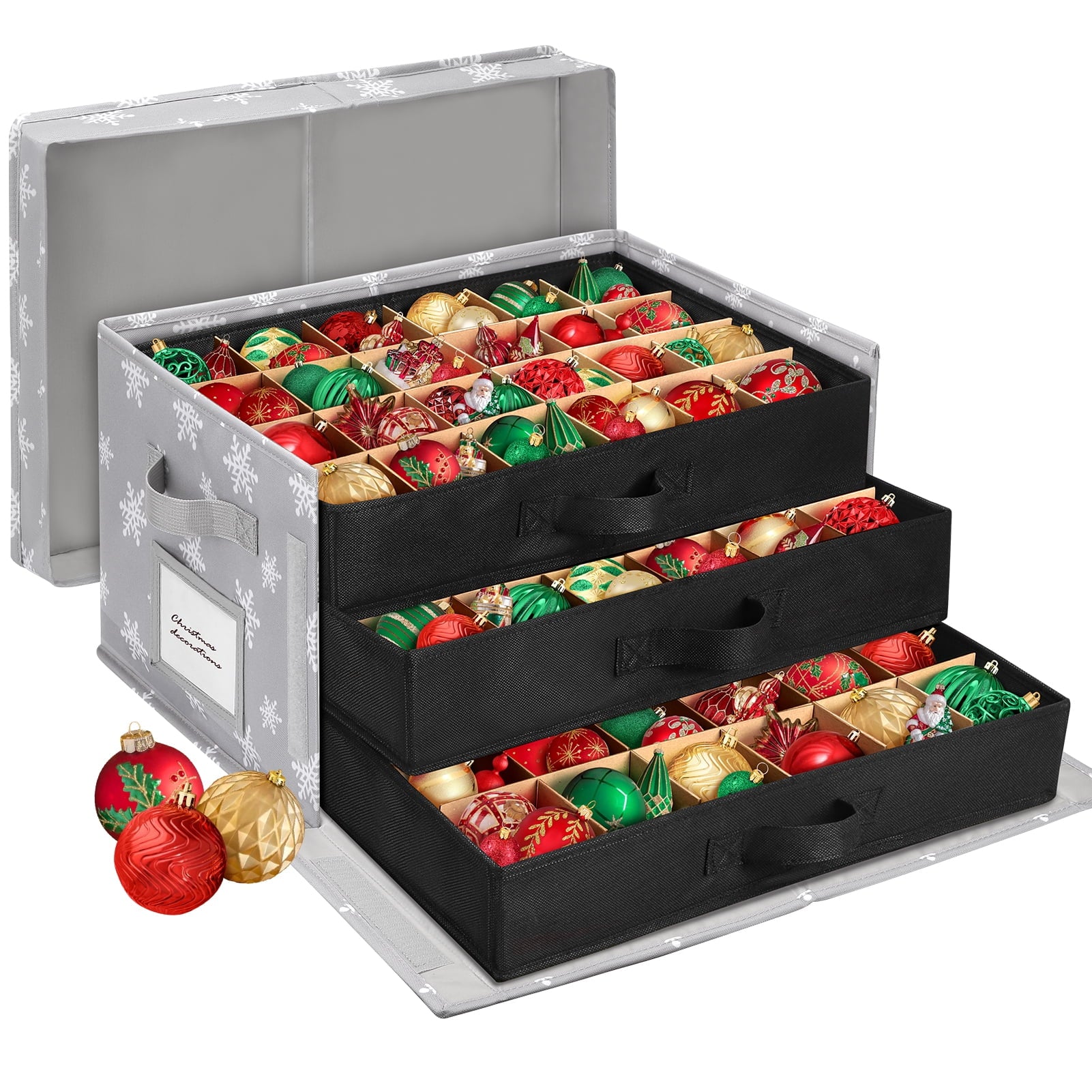 Ayieyill Premium Large Christmas Ornament Storage Box, Christmas Ornament Organizer, with Side Open, 3 Removable Trays - Keeps 72 Holiday Ornaments, Black