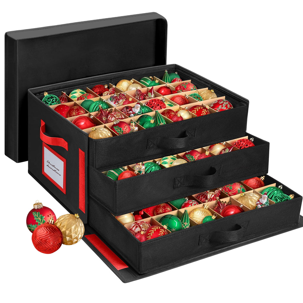 Ayieyill Premium Large Christmas Ornament Storage Box, Christmas Ornament Organizer, with Side Open, 3 Removable Trays - Keeps 72 Holiday Ornaments, Black