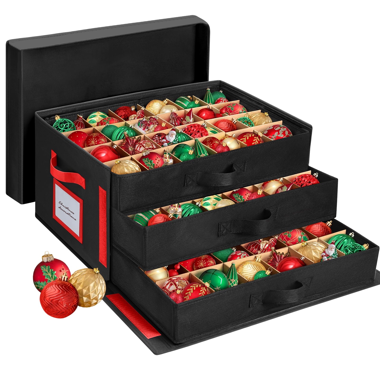 Ayieyill Premium Large Christmas Ornament Storage Box, Christmas Ornament Organizer, with Side Open, 3 Removable Trays - Keeps 72 Holiday Ornaments, Black