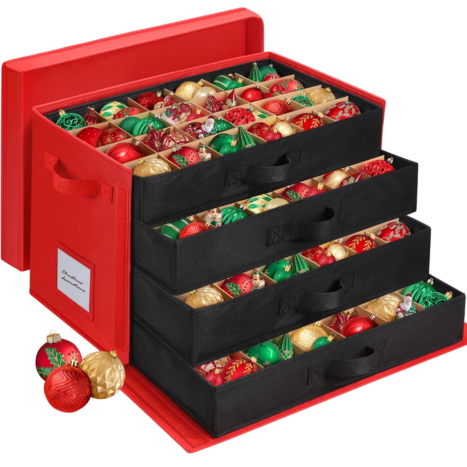 Ayieyill Premium Large Christmas Ornament Storage Box, Christmas Ornament Organizer, with Side Open, 3 Removable Trays - Keeps 72 Holiday Ornaments, Black