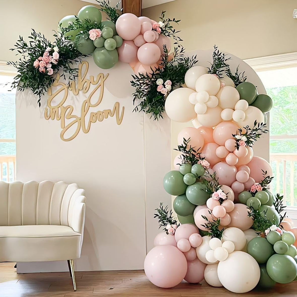 Baby in Bloom Balloon Arch Kit AFN1139pcs Pastel Sage Green and Pink Balloon Garland for Boho Baby Shower Birthday Party Decoration