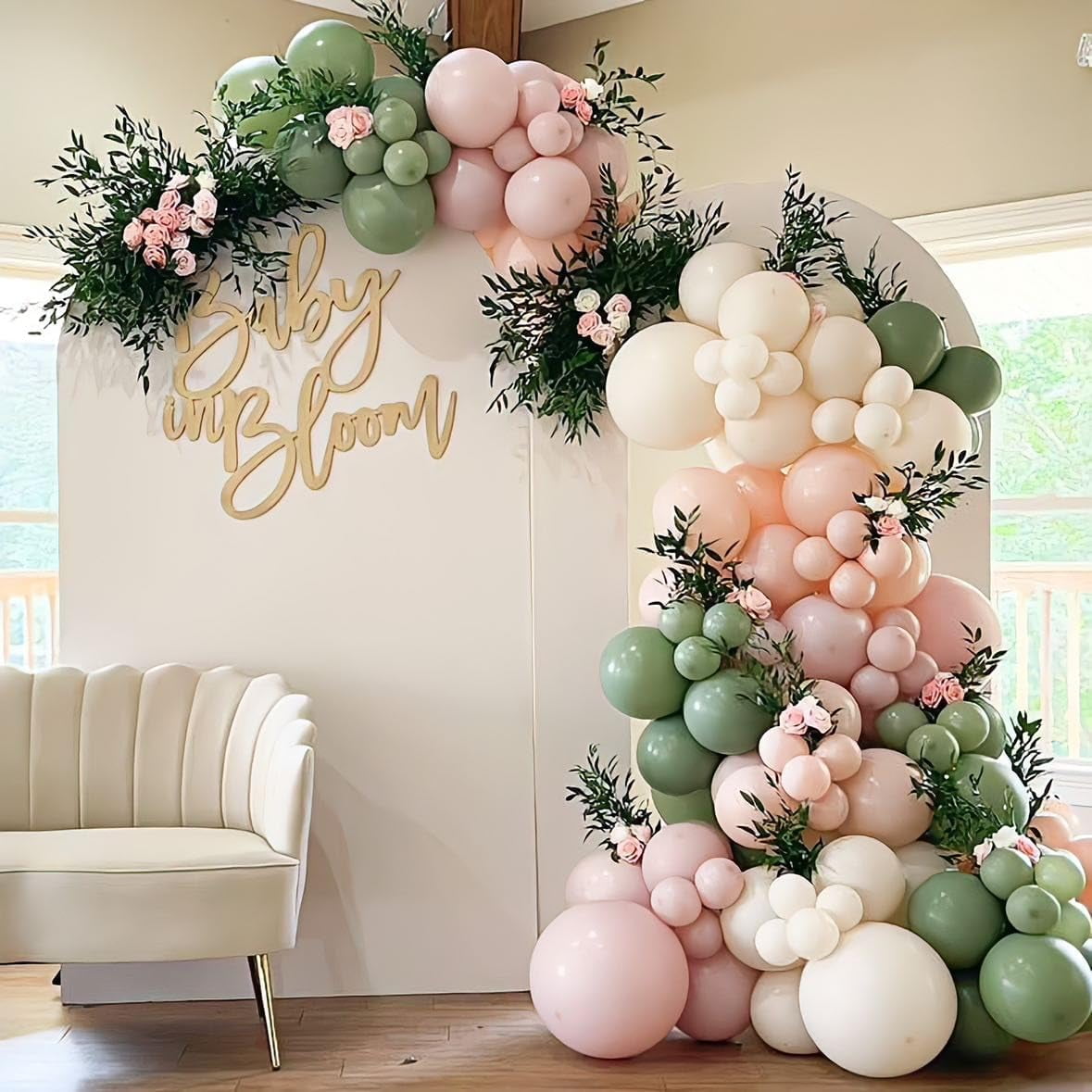 Baby in Bloom Balloon Arch Kit AFN1139pcs Pastel Sage Green and Pink Balloon Garland for Boho Baby Shower Birthday Party Decoration