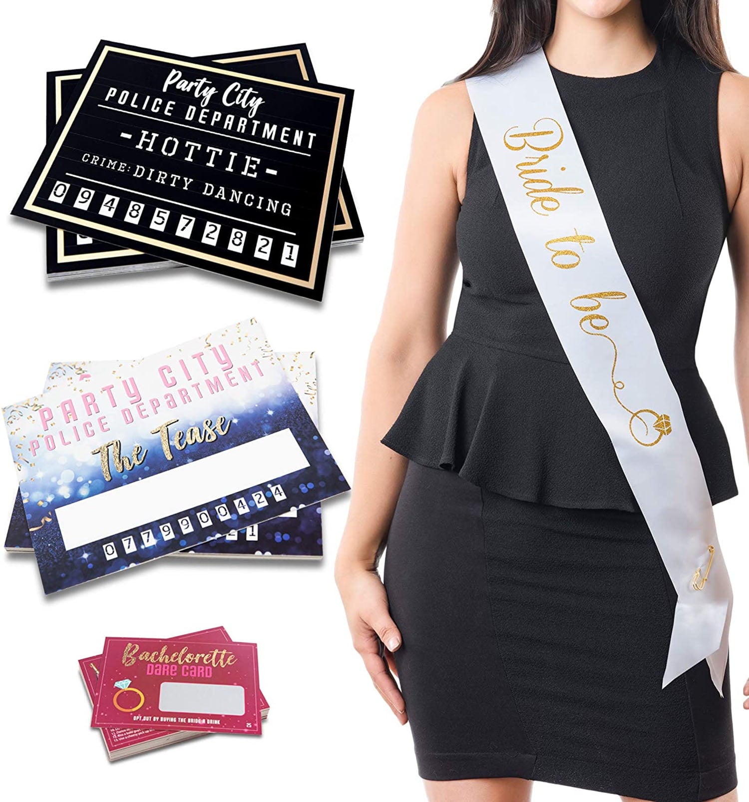 Bachelorette Party Supplies Kit - Set of 25 Dare Cards, 20 Mugshot Signs & One 33 Inch Bachelorette Sash with Goldtone Pin - Girls Night Out Party Accessories & Photo Booth Props