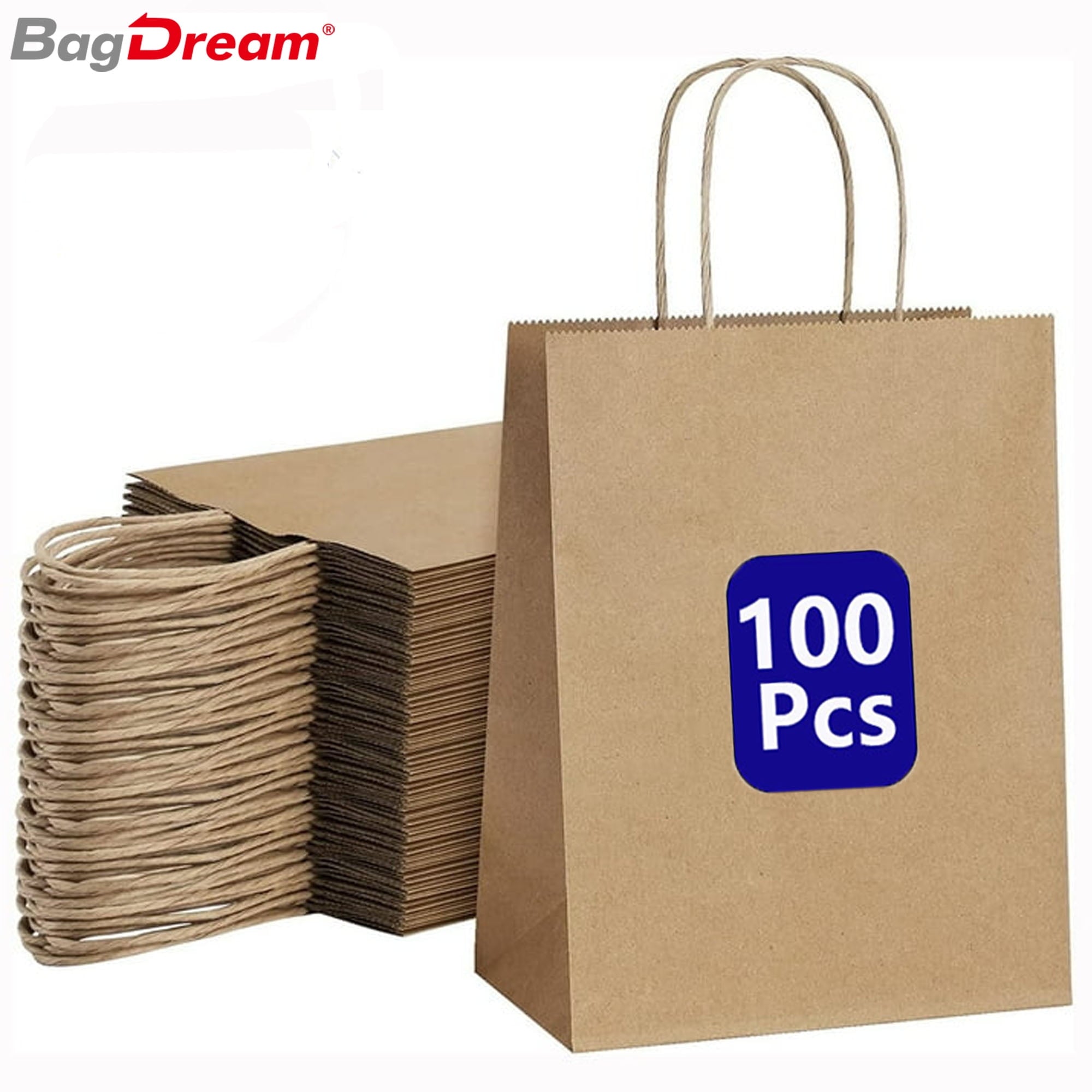 BagDream 100Pcs Paper Gift Bags 8x4.25x10.5 White Kraft Paper Bags with Handles Shopping Bags Bulk Medium Size for Wedding, Mother's Day, Baby Show and Birthday