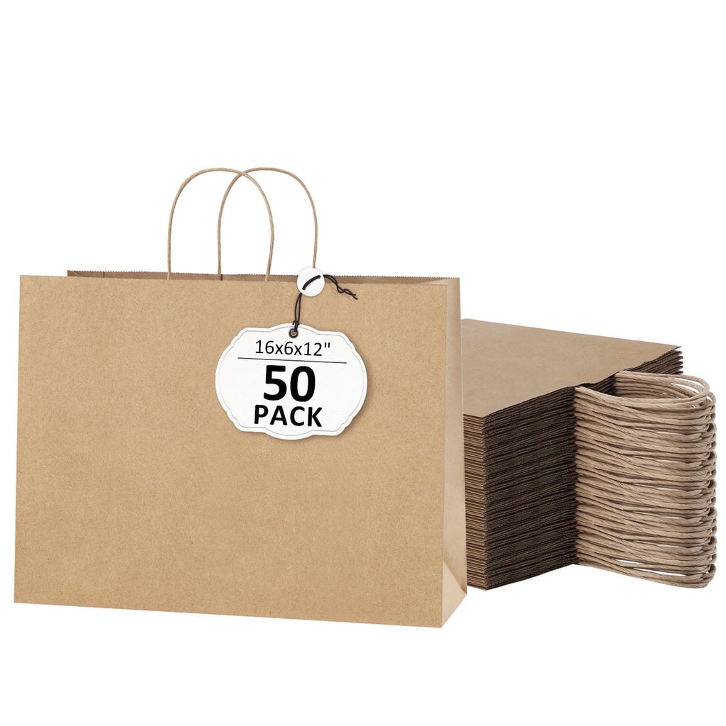BagDream Brown Kraft Paper Bags with Handles Large Shopping Bag for Gift, Grocery, Merchandise, Party Favor, Retail Stores, 16x6x12", 50 Pack