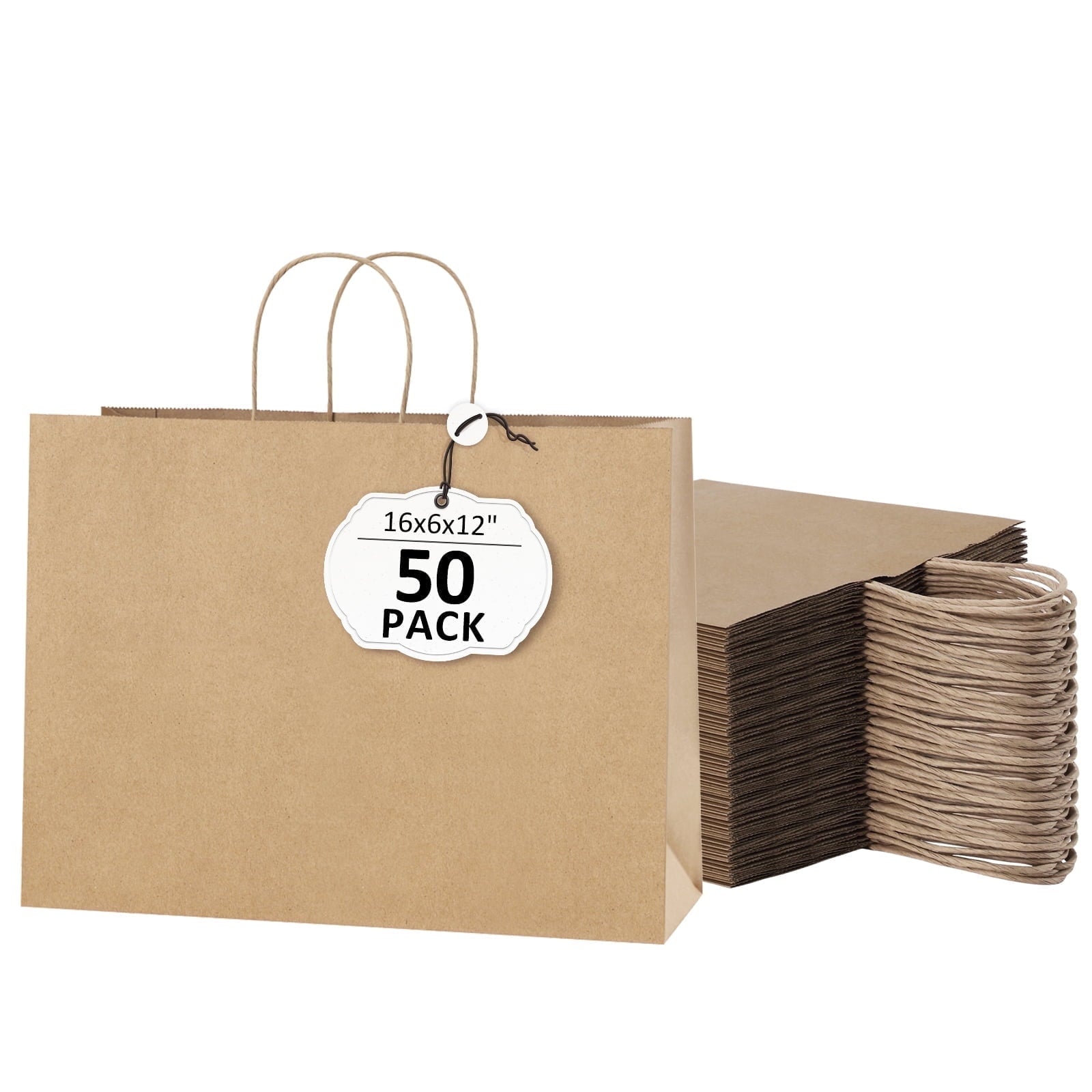 BagDream Brown Kraft Paper Bags with Handles Large Shopping Bag for Gift, Grocery, Merchandise, Party Favor, Retail Stores, 16x6x12", 50 Pack