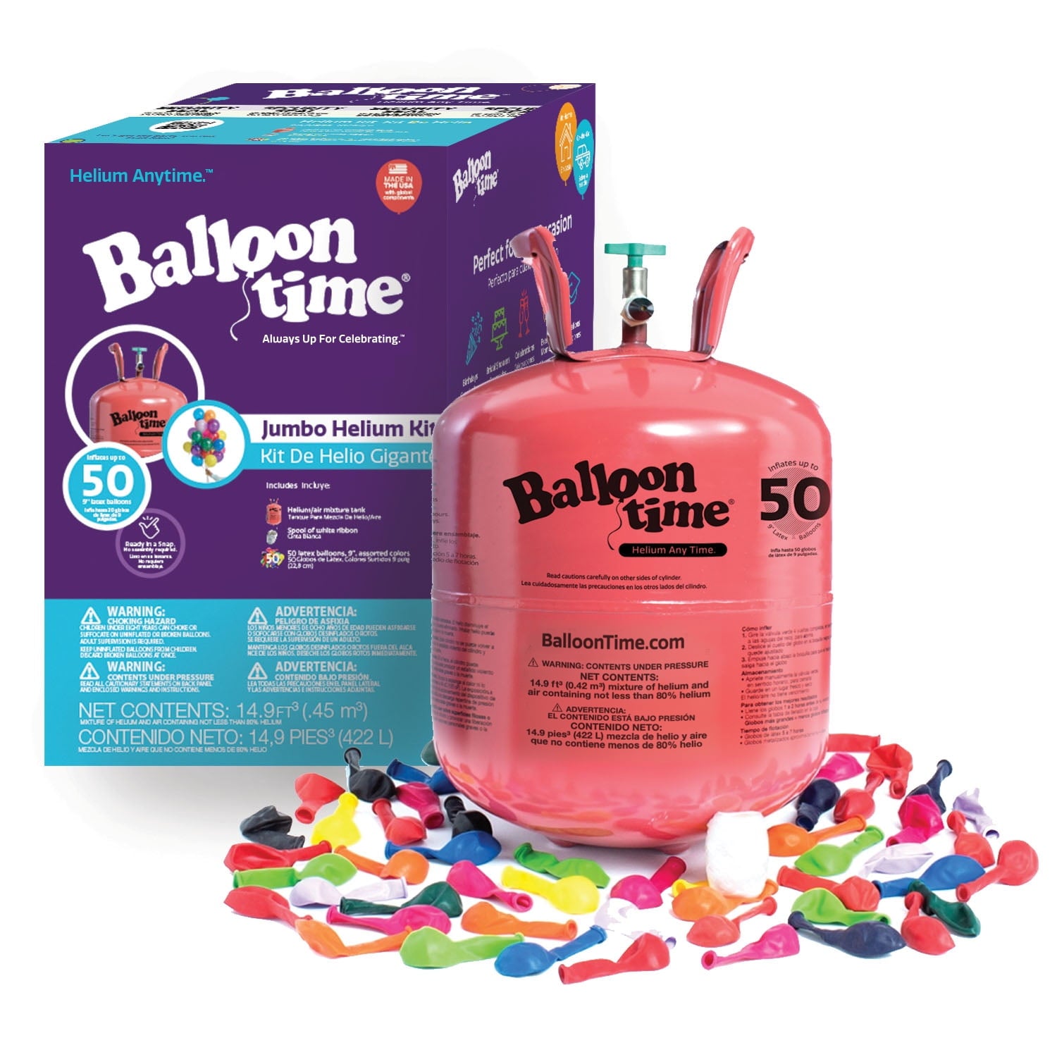 Balloon Time Jumbo Helium Tank Kit, 14.9 cu ft, 50 ct 9" Colorful Latex Balloons & Ribbon