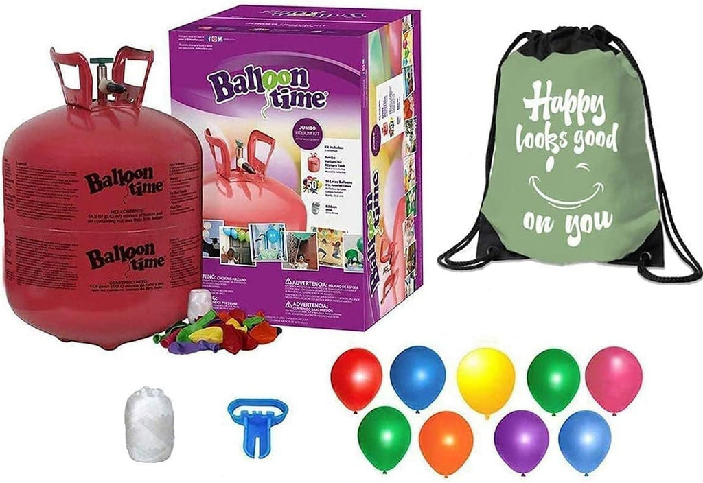 Balloon Time Disposable Helium Tank with Drawstring Backpack, 50 Balloons and Ribbon